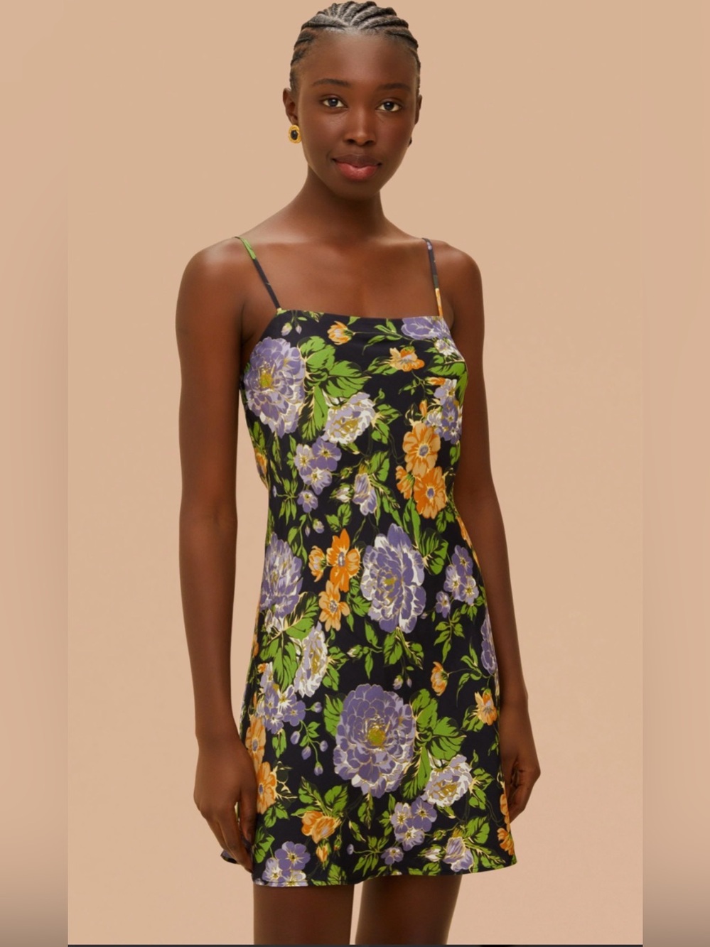 FARM Rio Black Floral Slip Dress with Purple & Green Print